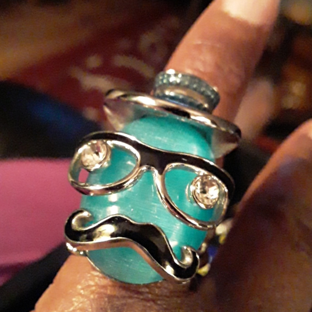 Quirky Blue Mustache Face Ring